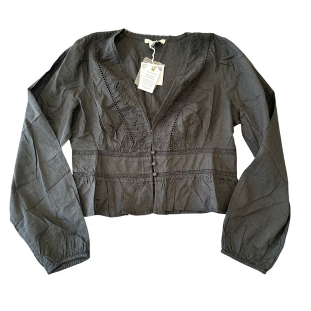 American Eagle Black‎ Eyelet Embroidered Long Sleeve Crop Top Blouse Boho Cotton